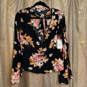 Billabong Lust Linger Black Pink Floral Long Bell Sleeve Tie Neck Top NWT